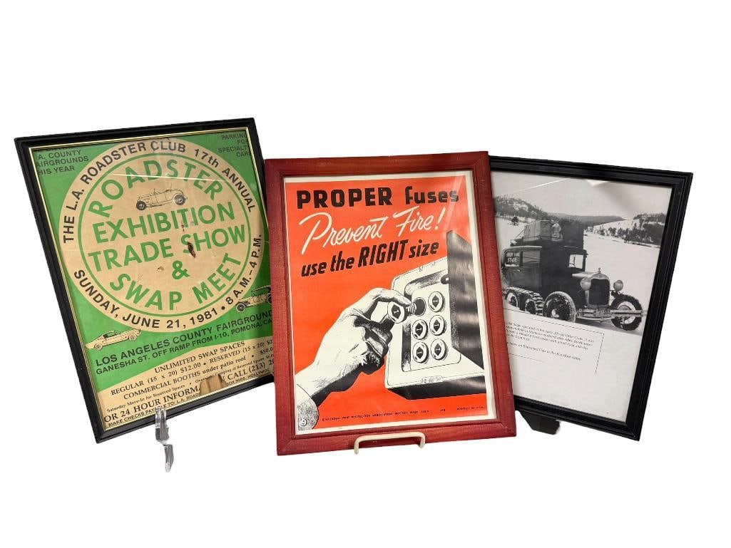 VINTAGE PRINTS INCLUDING NATIONAL FIRE PROTECTION ASSOCIATION POSTER AND ROADSTER EXHIBITION POSTER: ALSO INCLUDES SEELEY LAKE STAGE FEATURING A FORD MODEL A, 17TH ANNUAL LOS ANGELES CALIFORNIA ROADSTER CLUB EXHIBITION, TRADE SHOW & SWAP MEET POSTER, HAS SOME DAMAGE, ALL FRAMED LARGEST IS 9 1/2"