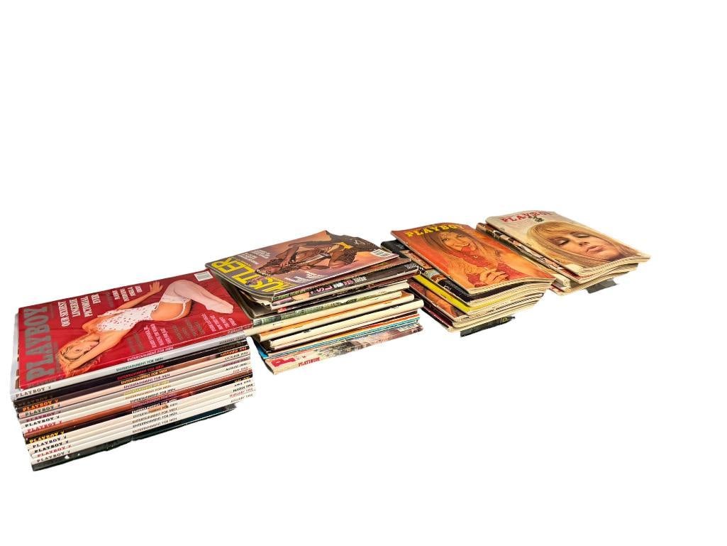 ASSORTED PLAYBOY MAGAZINES INCLUDING MAGAZINES DATING BACK TO 1969: INCLUDES JANUARY 1990 - FEBRUARY 1991 AND SEVERAL FROM THE EARLY 1970'S, ALSO INCLUDES SOME OTHER MAGAZINES INCLUDING HUSTLER AND PENTHOUSE, VARIOUS CONDITIONS
