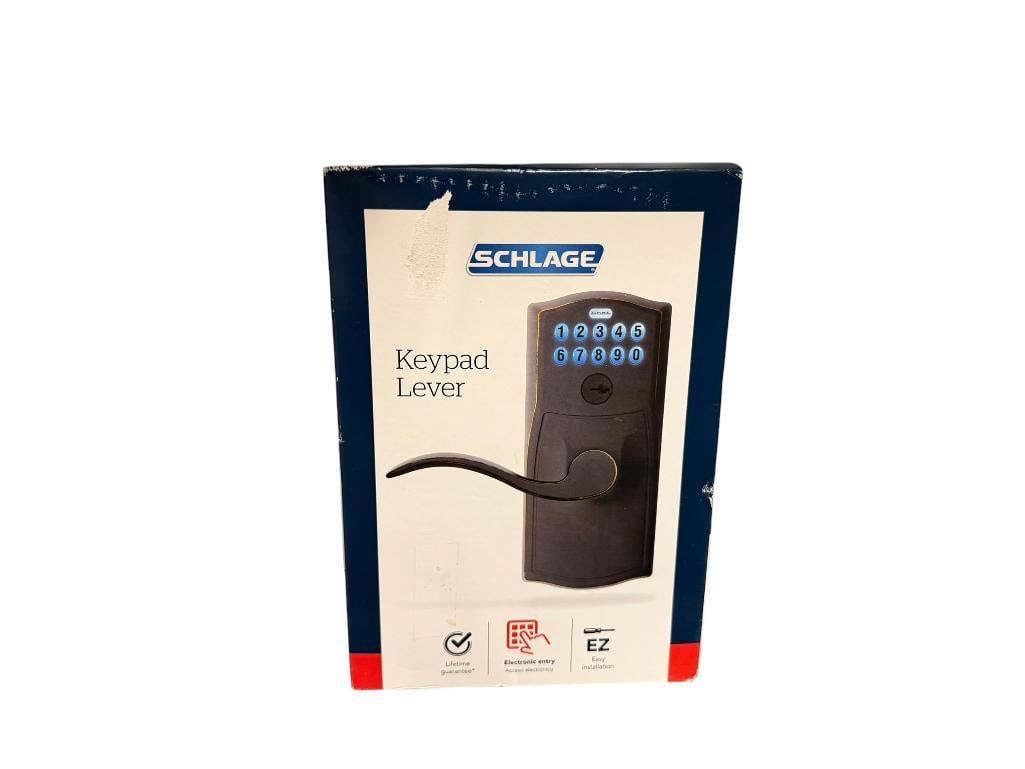 NEW IN BOX SCHLAGE KEYPAD LEVER DOOR HANDLE WITH CAMELOT TRIM IN AGED BRONZE (1 of 7)