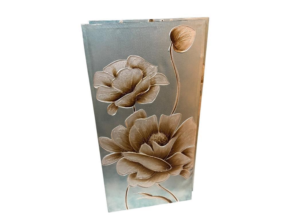 TWO ACRYLIC PAINTINGS ON CANVAS OF FLOWERS: TWO ART PANEL DESIGN, STRETCHED CANVAS, NO FRAME 19" X 39"