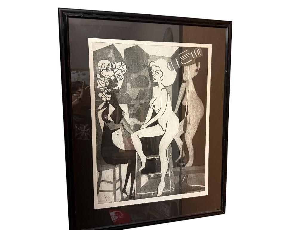 PAUL FELDHAUS SIGNED CUBIST STYLE LINOCUT PRINT SIMILAR TO PABLO PICASSO: SIGNED BY ARTIST IN LOWER RIGHT, FRAMED AND MATTED 26" X 32"