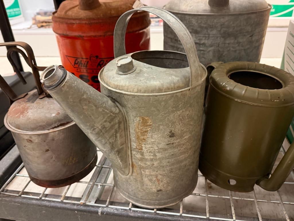 FIVE VINTAGE AUTOMOBILE FILLING CANS INCLUDING FOUR GALVANIZED METAL AND ONE PHIL RITE GASOLINE CAN - 3
