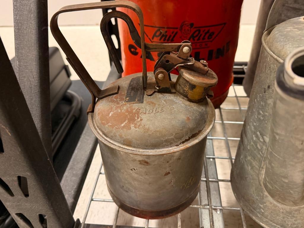 FIVE VINTAGE AUTOMOBILE FILLING CANS INCLUDING FOUR GALVANIZED METAL AND ONE PHIL RITE GASOLINE CAN - 5