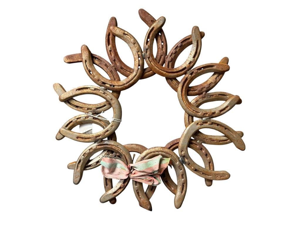 UNQIUE WESTERN RANCH WALL ART AUTHENTIC METAL HORSESHOE WREATH WITH HORSESHOES BY DIAMOND: INCLUDES A COUPLE OTHER HORSESHOE MAKERS AS WELL, WELDED DESIGN 16" DIAMETER