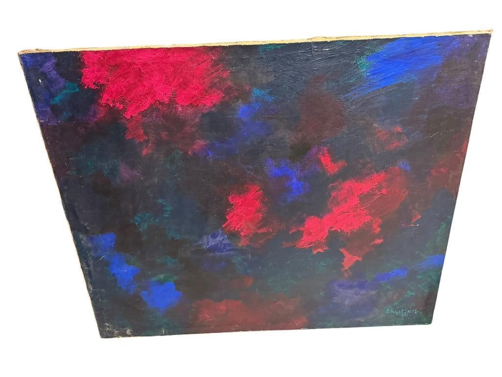VINTAGE SIGNED ABSTRACT OIL PAINTING ON CANVAS SIGNED " D. GENE SMITH 1969 " (1 of 10)