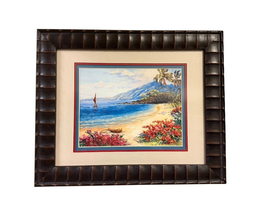 " ALOHA " HAWAIIAN PRINT BY BETTY HAY FREELAND: FRAMED AND DOUBLE MATTED, DEPICTS HAWAIIAN SEASCAPE 17" X 14" FRAME