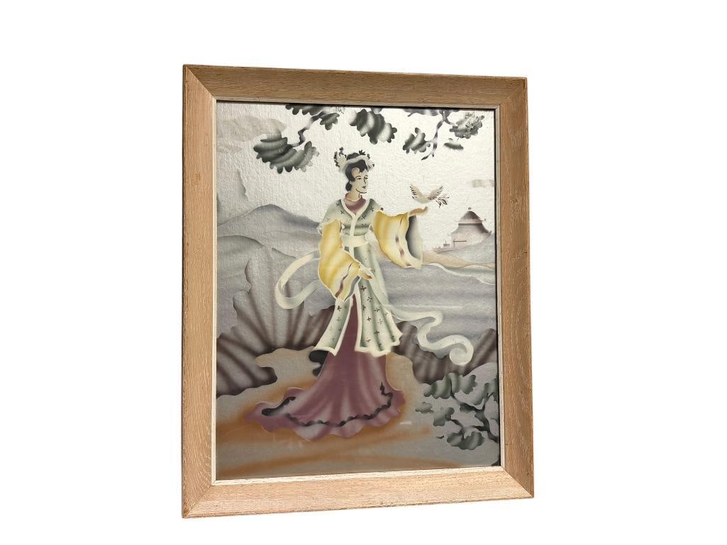 MID-CENTURY AIRBRUSH PAINTING DEPICTING AN ASIAN PRINCESS OR GEISHA GIRL: FRAMED 16" X 20"