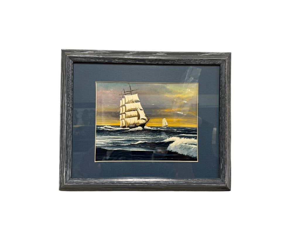 PENCIL SIGNED R. FOSTER MARITIME SEASCAPE PRINT FEATURING MULTI-MASTED CLIPPER SHIPS: FRAMED AND MATTED, PENCIL SIGNED ON MATTING IN LOWER RIGHT 16" X 13" FRAME