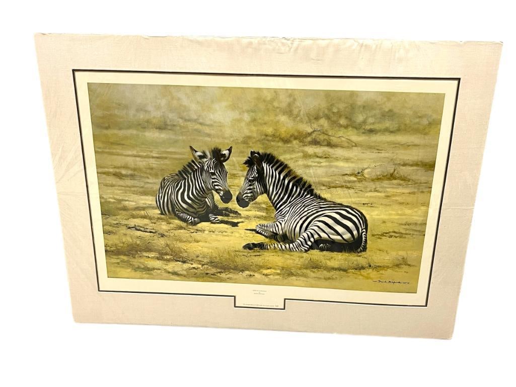 DAVID SHEPHERD "AFRICAN CHILDREN" ZEBRA AFRICAN WILDLIFE LIMITED EDITION PRINT: PUBLISHED IN ENGLAND, PRINT NUMBER 1,601 OF 1,800, NO FRAME JUST MATTING, INCLUDES LAMINATED ARTIST INFO SHEET, DAVID SHEPPERD (1931-2017) BRITISH ARTIST 40" X 30" MATTING