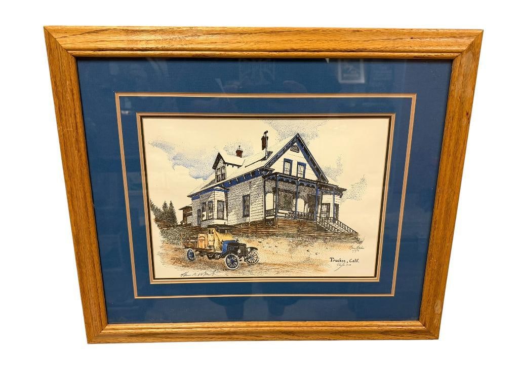 GLENN MARTIN NEVADA ARTIST SIGNED AND NUMBERED PRINT " TRUCKEE FLOPHOUSE ": DEPICTS THE TRUCKEE FLOPHOUSE IN TRUCKEE CALIFORNIA, SIGNED BY ARTIST IN LOWER LEFT AND NUMBERED 56/200, OAK FRAMED AND TRIPLE MATTED 23" X 19" FRAME
