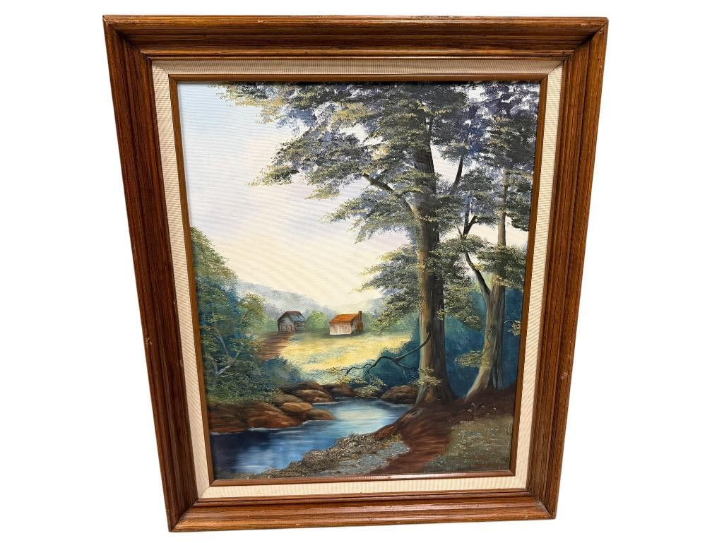 LILLIAN ROBERTSON SIGNED OIL ON CANVAS PAINTING OF STREAM AND COUNTRYSIDE HOME (1 of 8)