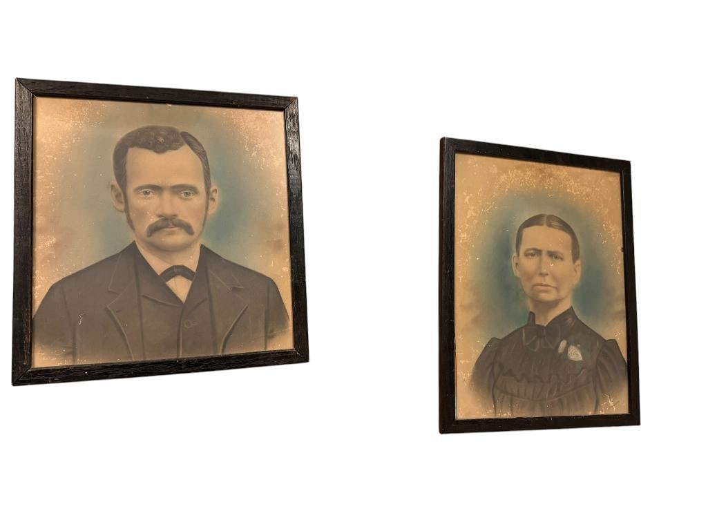PAIR OF ANTIQUE HAND-TINTED PHOTOGRAPHS FROM THE 19TH CENTURY OF MAN AND WOMAN " SOLAR PRINT ": BOTH FRAMED LARGEST IS 15" X 19" FRAME