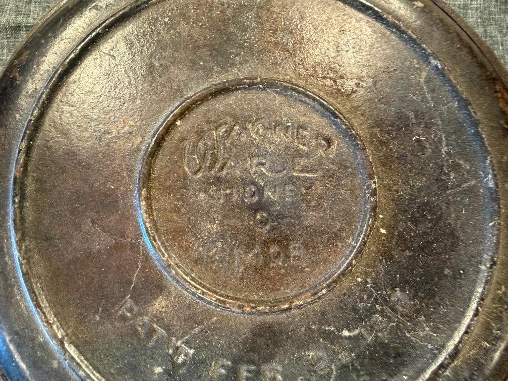 VINTAGE WAGNER WARE 1408 AND GRISWOLD NO. 8 CAST IRON WAFFLE MAKERS WITH BASE - 8