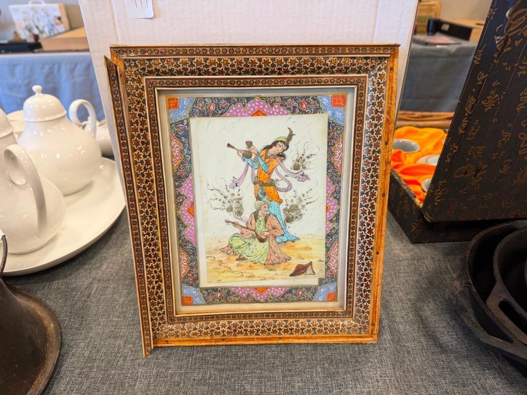 VINTAGE PERSIAN PAINTING ON BONE WITH SCENE OF A DANCER AND MUSICIAN IN INTRICATE INLAY FRAME - 2