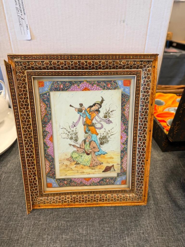 VINTAGE PERSIAN PAINTING ON BONE WITH SCENE OF A DANCER AND MUSICIAN IN INTRICATE INLAY FRAME - 3
