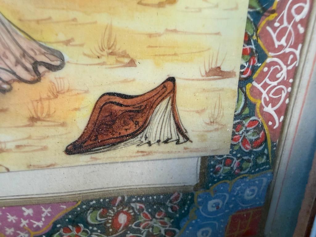 VINTAGE PERSIAN PAINTING ON BONE WITH SCENE OF A DANCER AND MUSICIAN IN INTRICATE INLAY FRAME - 4