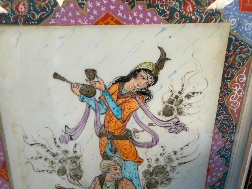 VINTAGE PERSIAN PAINTING ON BONE WITH SCENE OF A DANCER AND MUSICIAN IN INTRICATE INLAY FRAME - 5