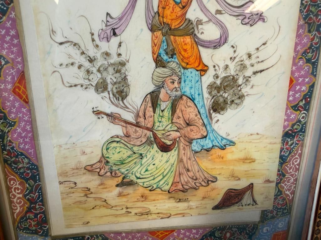 VINTAGE PERSIAN PAINTING ON BONE WITH SCENE OF A DANCER AND MUSICIAN IN INTRICATE INLAY FRAME - 6