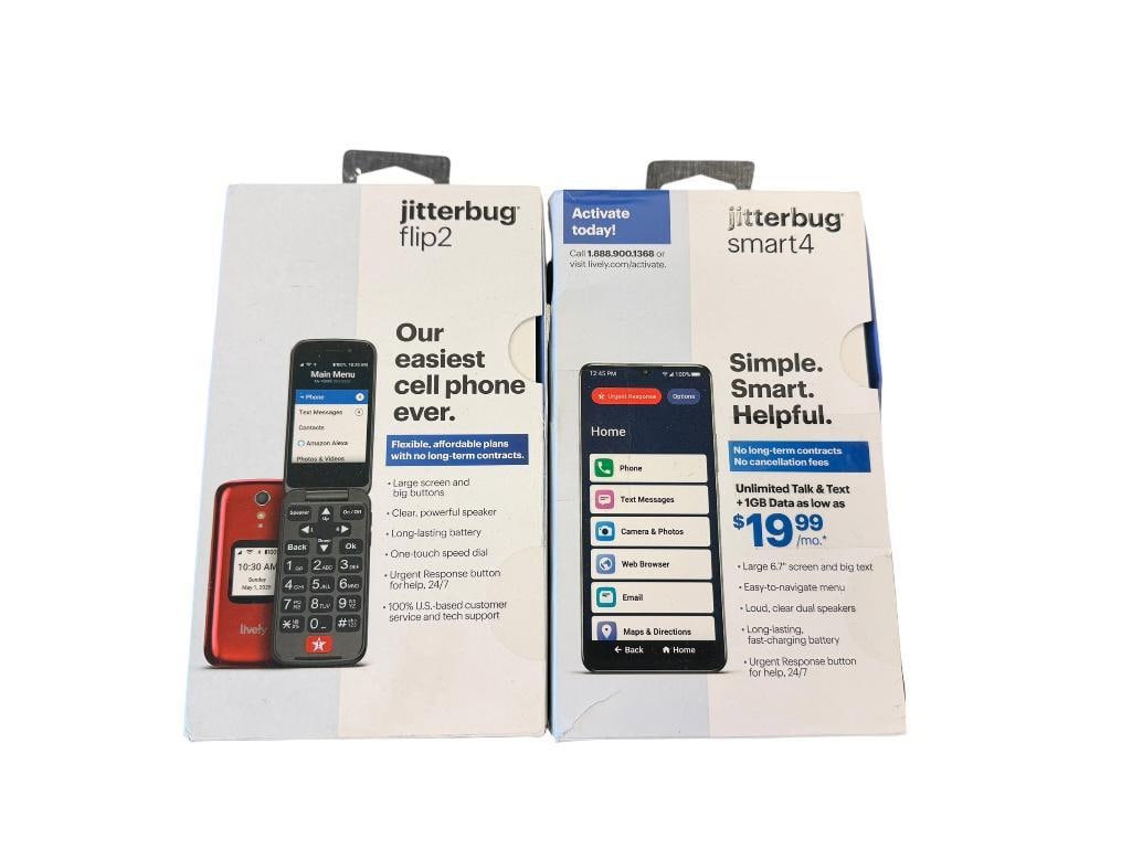JITTERBUG FLIP2 AND SMART 4 NO CONTRACT PRE-PAID CELLPHONES BOTH NEW: NEW IN THE BOX PRE-PAID CELLPHONES