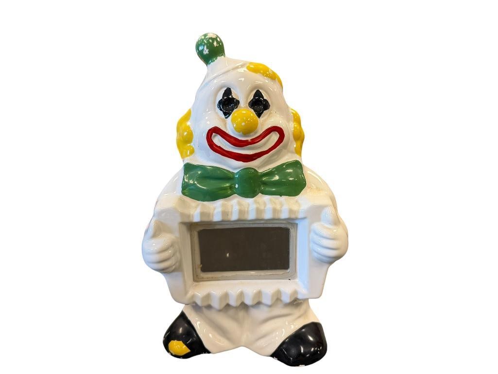 VINTAGE MCCOY POTTERY CERAMIC CLOWN COIN BANK #1007 FEATURES VIEWING WINDOW: CIRCA 1970'S POTTERY, INCLUDES BOTTOM COVER, LIGHT PAINT WEAR, NO CHIPS OR REPAIRS 10" H