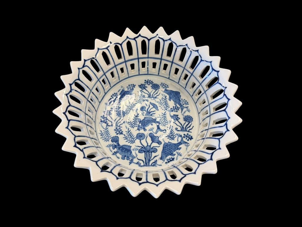 MOYSES STEVENS RETICULATED PIERCED RIM CENTERPIECE BOWL: LATTICE OPENWORK RIM WITH KOI AND FLORAL DESIGN IN BLUE AND WHITE, MARKED ON THE BOTTOM, MADE IN LONDON NO CHIPS OR REPAIRS 11" ROUND