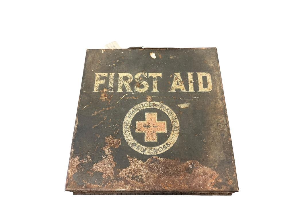 WWII MINE SAFETY APPLIANCE COMPNAY / AMERICAN RED CROSS FIRT AID STEEL BOX: INCLUDES FIRST AID / MEDICAL SUPPLIES IN ORIGINAL PACKAGES, ORIGINAL PAPER LABEL INSIDE, STEEL CONTAINER SHOWS HEAVY WEAR AND SURFACE RUST, LETTERING IS VISIBLE, BUT IS WORN 9" X 9 1/2" X 2 1/2"