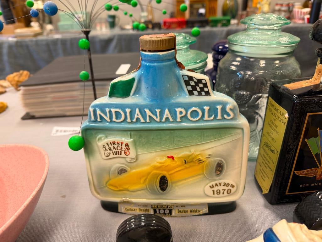 FAMOUS FIRSTS GOLDEN WASP DECANTER AND EZRA BROOKS HERITAGE CHINA INDY RACE CAR DECANTER - 12