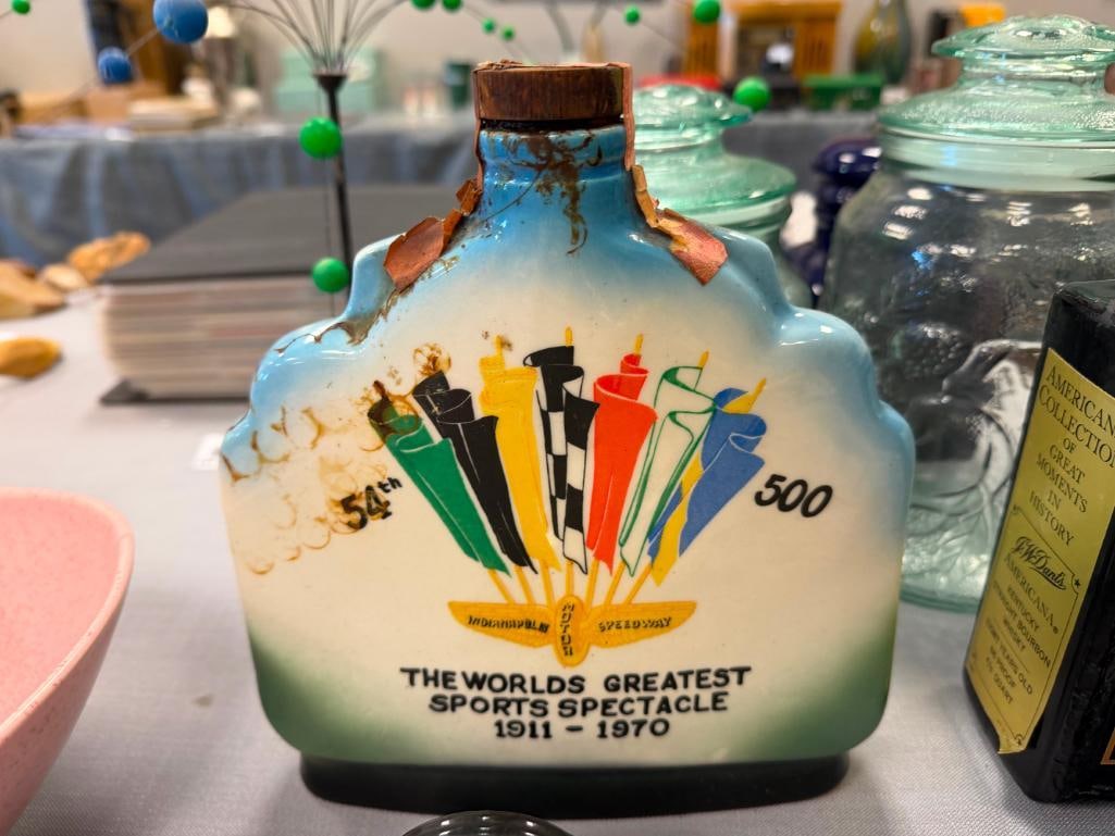 FAMOUS FIRSTS GOLDEN WASP DECANTER AND EZRA BROOKS HERITAGE CHINA INDY RACE CAR DECANTER - 17