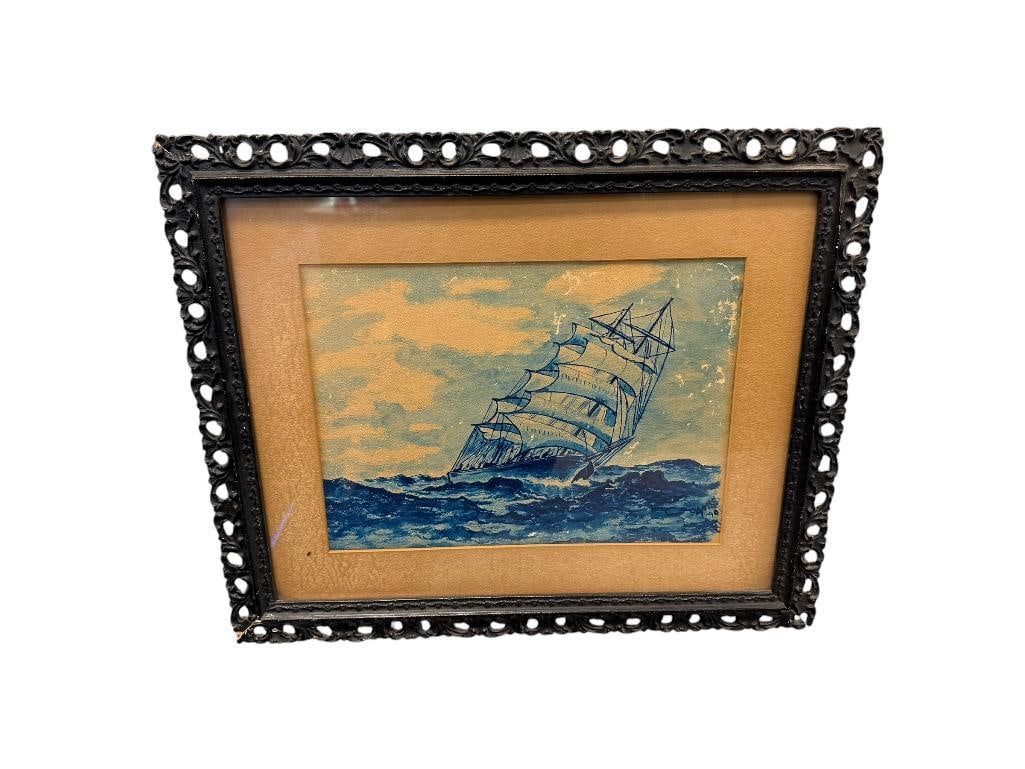 VINTAGE NAUTICAL WATERCOLOR PAINTING ON PAPER CLIPPER SHIP IN ROUGH WATERS IN MONOCHROME: BLUE TONED WATERCOLOR, SIGNED LOWER RIGHT, FRAMED 20" X 16 1/2" FRAME