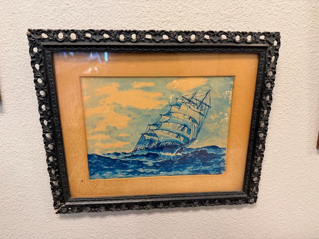 VINTAGE NAUTICAL WATERCOLOR PAINTING ON PAPER CLIPPER SHIP IN ROUGH WATERS IN MONOCHROME - 2