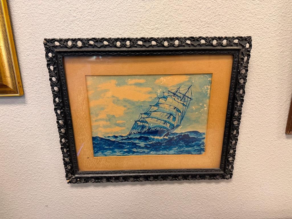 VINTAGE NAUTICAL WATERCOLOR PAINTING ON PAPER CLIPPER SHIP IN ROUGH WATERS IN MONOCHROME - 3