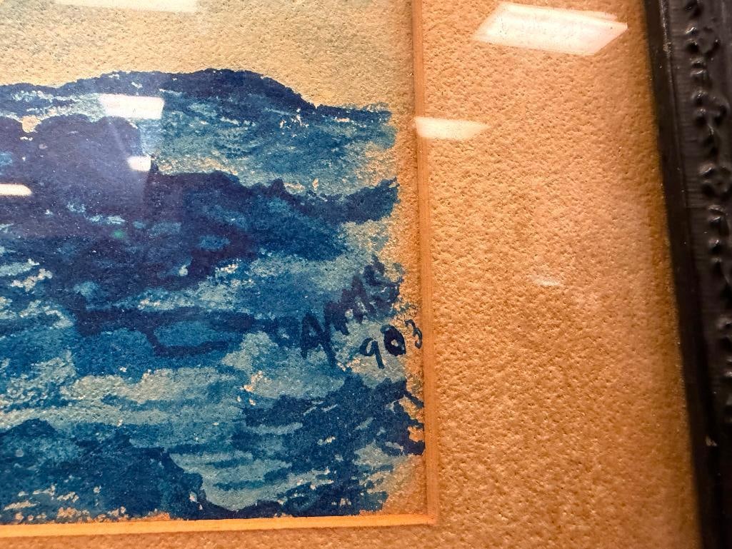VINTAGE NAUTICAL WATERCOLOR PAINTING ON PAPER CLIPPER SHIP IN ROUGH WATERS IN MONOCHROME - 4