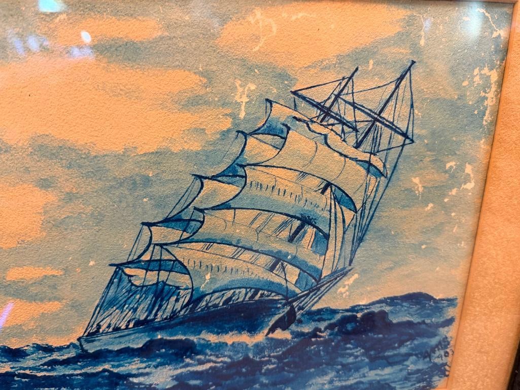 VINTAGE NAUTICAL WATERCOLOR PAINTING ON PAPER CLIPPER SHIP IN ROUGH WATERS IN MONOCHROME - 6