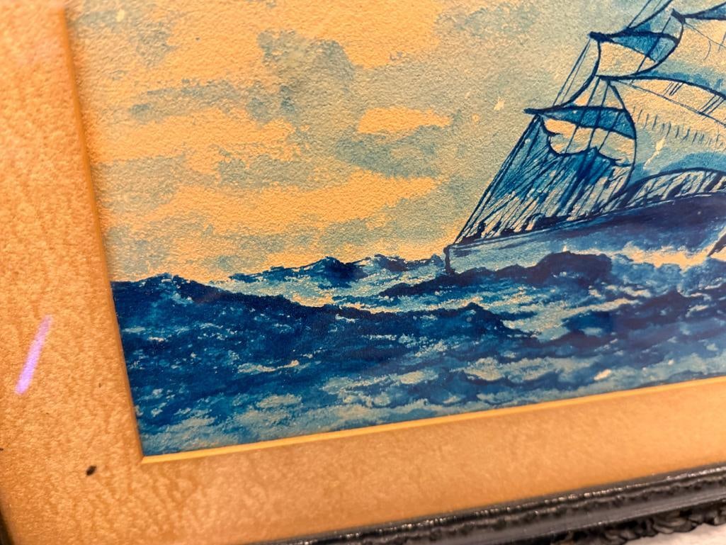 VINTAGE NAUTICAL WATERCOLOR PAINTING ON PAPER CLIPPER SHIP IN ROUGH WATERS IN MONOCHROME - 7