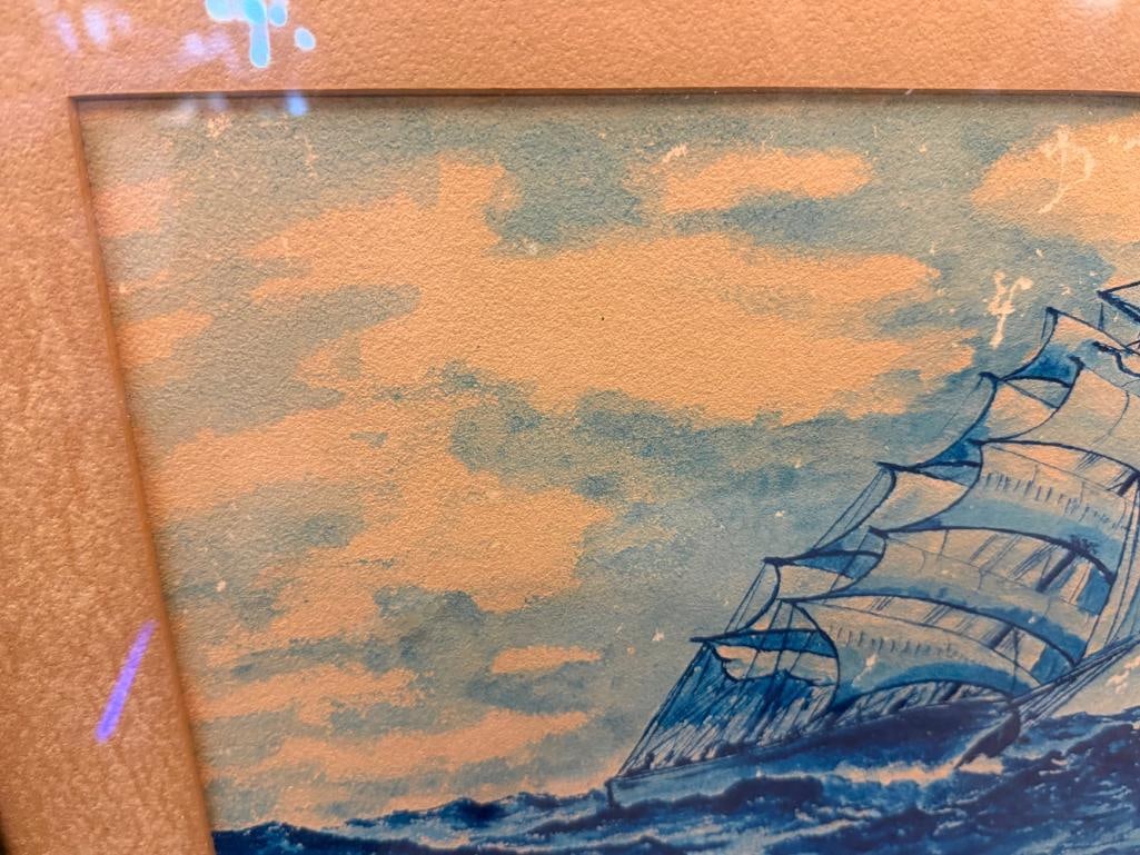 VINTAGE NAUTICAL WATERCOLOR PAINTING ON PAPER CLIPPER SHIP IN ROUGH WATERS IN MONOCHROME - 8