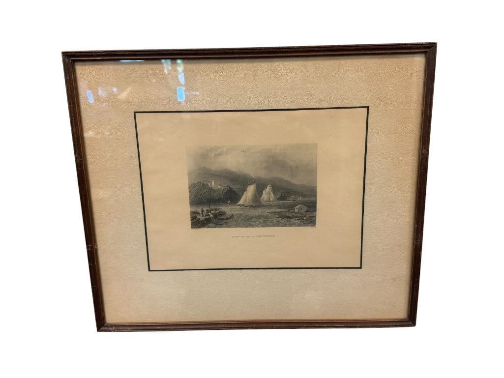 WILLIAM HENRY BARTLETT BRITISH ARTIST STEEL ENGRAVING TITLED LIGHTHOUSE ON THE HUDSON: WILLIAM H. BARTLETT (1809-1854) WAS A BRITISH ARTIST FAMOUS FOR HIS ENGRAVINGS DURING THE MID 1800'S, ART DEPICTS SCENE OF SHIPS WITH MOUNTAIN BACKGROUND, FRAMED 18 1/2" X 15 1/2" FRAME