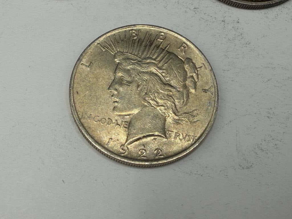 FIVE U.S. PEACE SILVER DOLLARS - 10