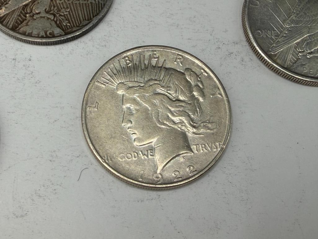 FIVE U.S. PEACE SILVER DOLLARS - 8
