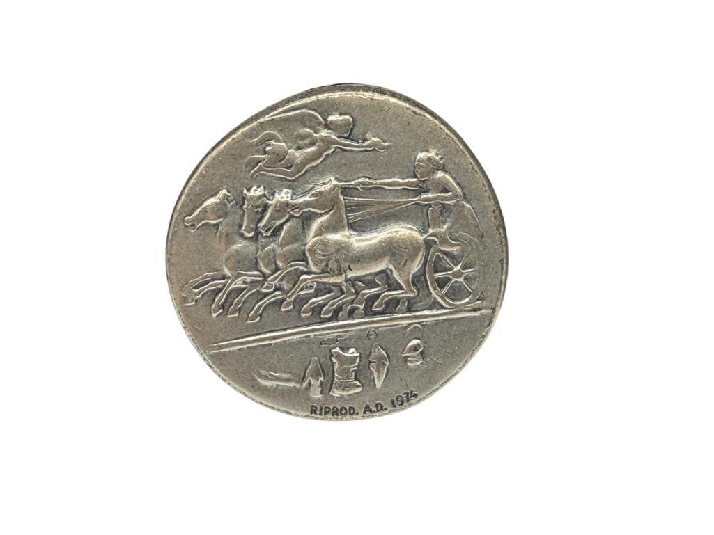 STERLING SILVER REPRODUCTION ANCIENT GREEK COIN SYRACUSAN DECADRACHM: FEATURING NYMPH ARETHUSA SURROUNDED BY DOLPHINS 40.00 GRAMS