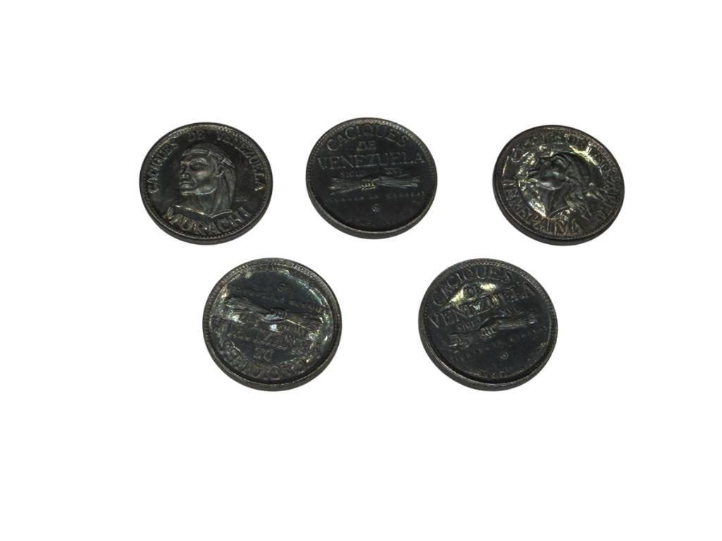 FIVE VENEZUELAN COMMEMROATIVE FINE SILVER MEDALS FEATURING CHIEFS OF VENEZUELA DESIGNS: 6 GRAMS EACH