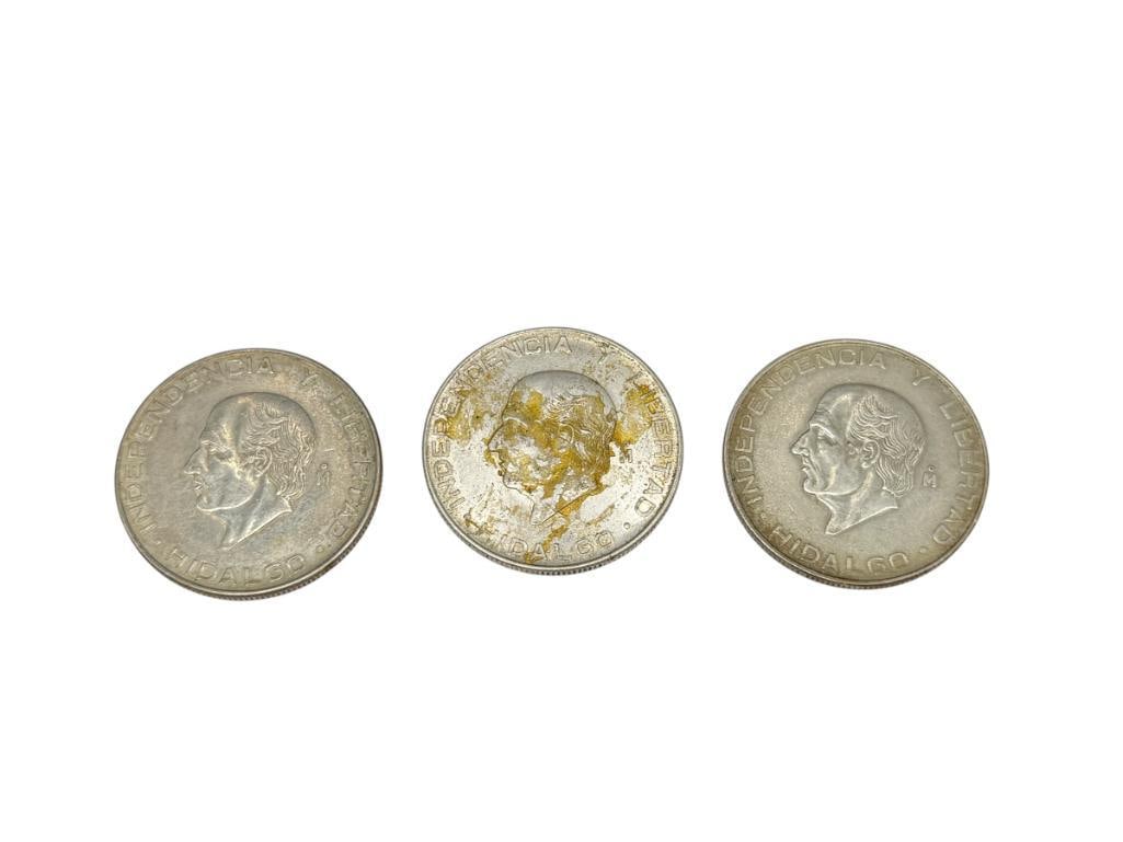 TWO 1955 AND ONE 1956 MEXICO CINCO PESOS .720 SILVER COINS: 18 GRAMS EACH