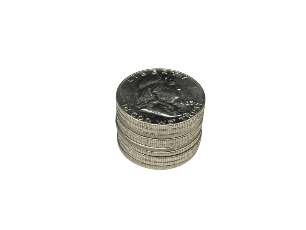 10 1963-D U.S. FRANKLIN SILVER HALF DOLLARS IN BRILLIANT UNCIRCULATED CONDITION: 90% SILVER