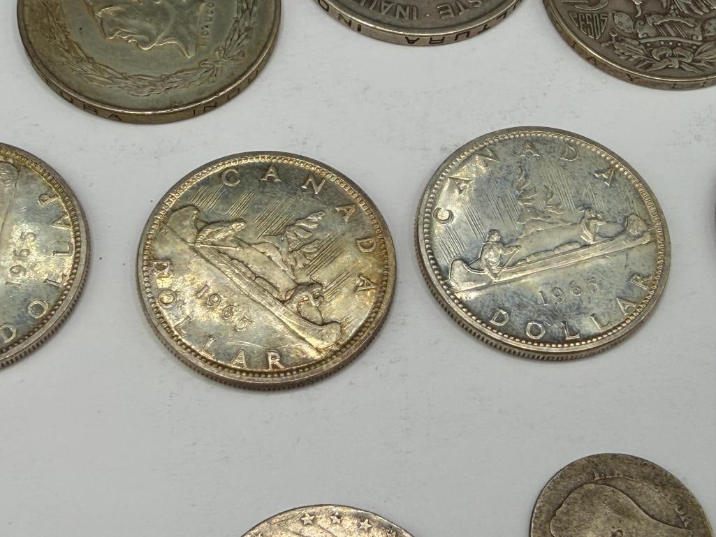ASSORTED FOREIGN SILVER COINS INCLUDING FIVE MEXICO COINS, FOUR CANADIAN COINS, AND MORE - 10