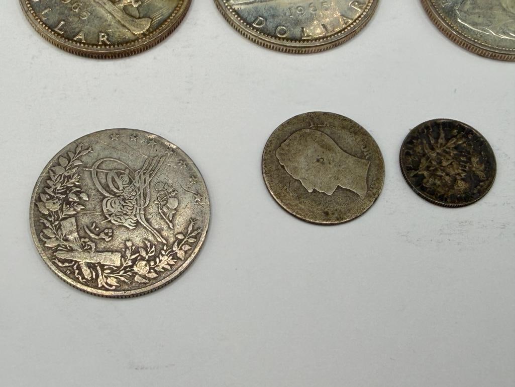 ASSORTED FOREIGN SILVER COINS INCLUDING FIVE MEXICO COINS, FOUR CANADIAN COINS, AND MORE - 12