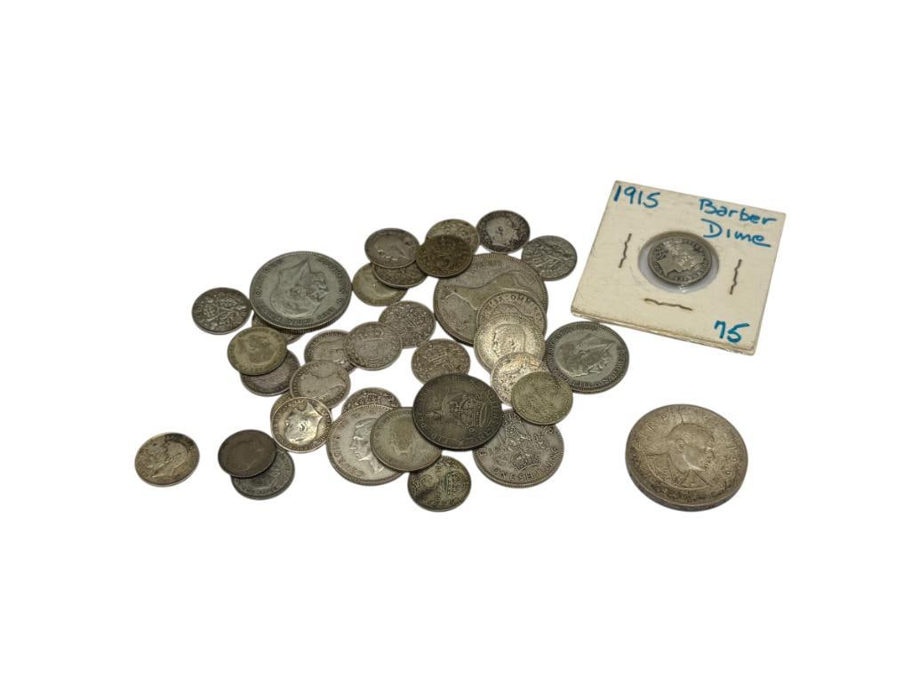 ASSORTED SILVER COINS FROM ALL OVER THE WORLD INCLUDING A 1915 U.S. BARBER SILVER DIME (1 of 11)