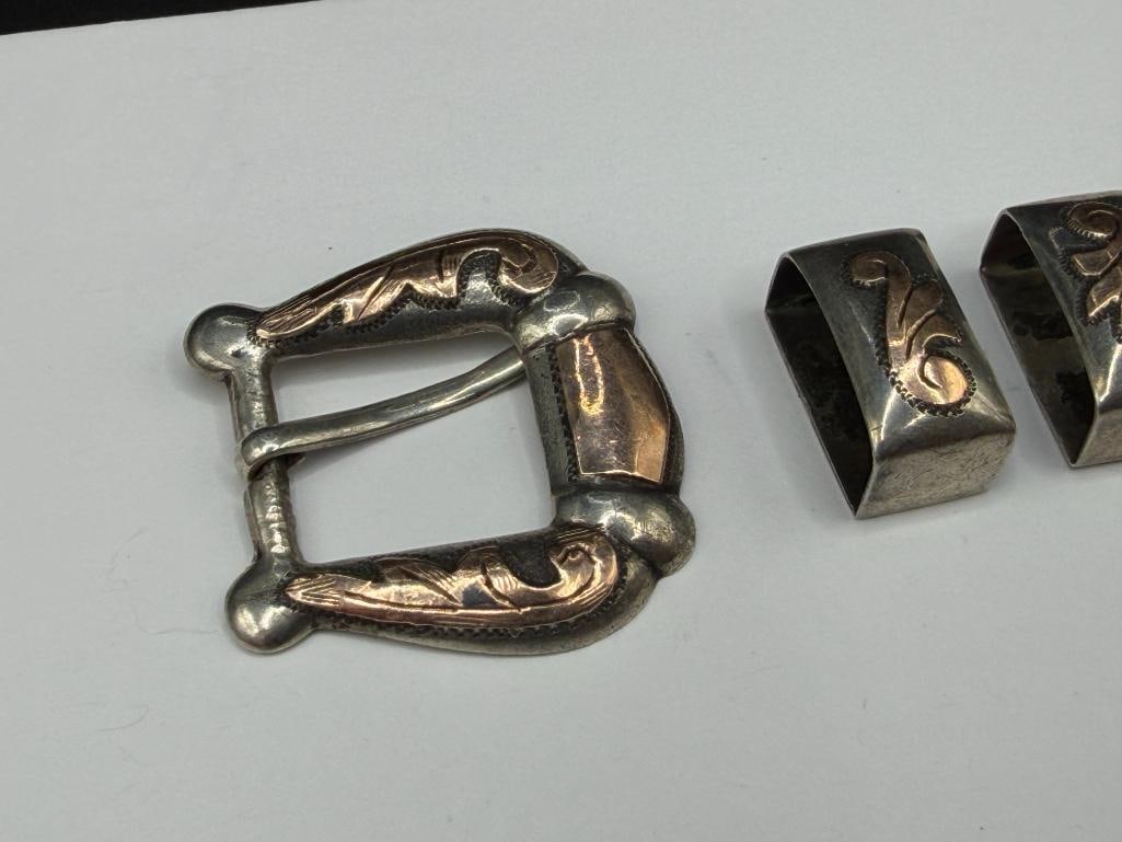 VINTAGE MEXICO MADE STERLING SILVER AND GOLD PLATED WESTERN LADIES / CHILD'S BELT BUCKLE SET - 2