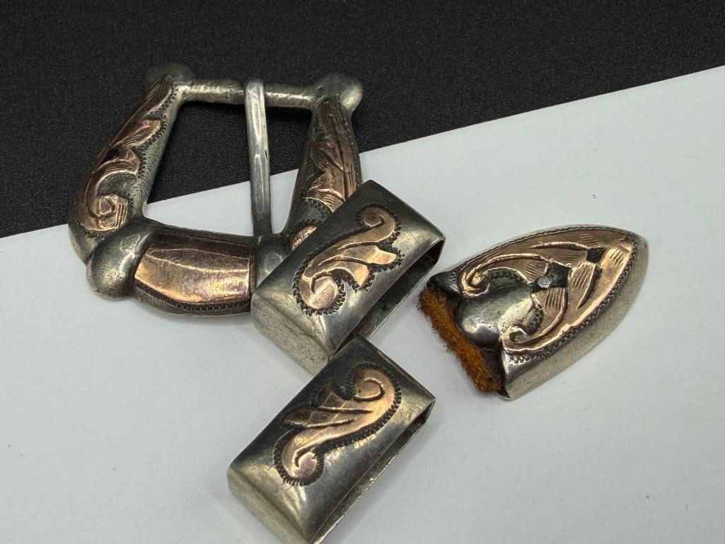 VINTAGE MEXICO MADE STERLING SILVER AND GOLD PLATED WESTERN LADIES / CHILD'S BELT BUCKLE SET - 5