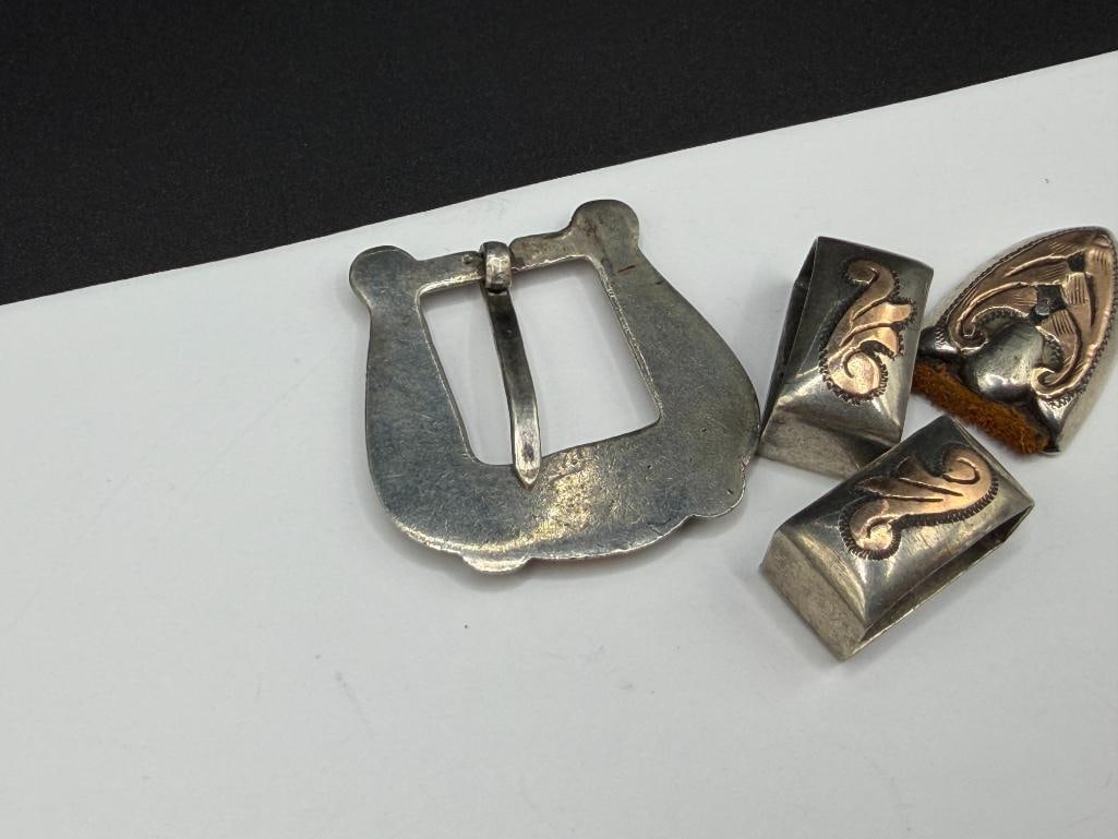 VINTAGE MEXICO MADE STERLING SILVER AND GOLD PLATED WESTERN LADIES / CHILD'S BELT BUCKLE SET - 6
