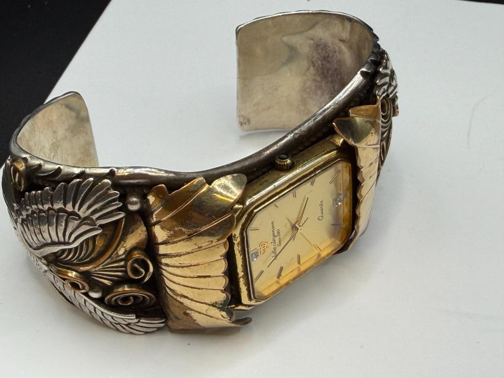 NAVAJO ALLEN CHEE ARTIST SIGNED STERLING SILVER TOOLED SILVER EAGLE, FEATHER, AND SCROLL WATCH CUFF - 10