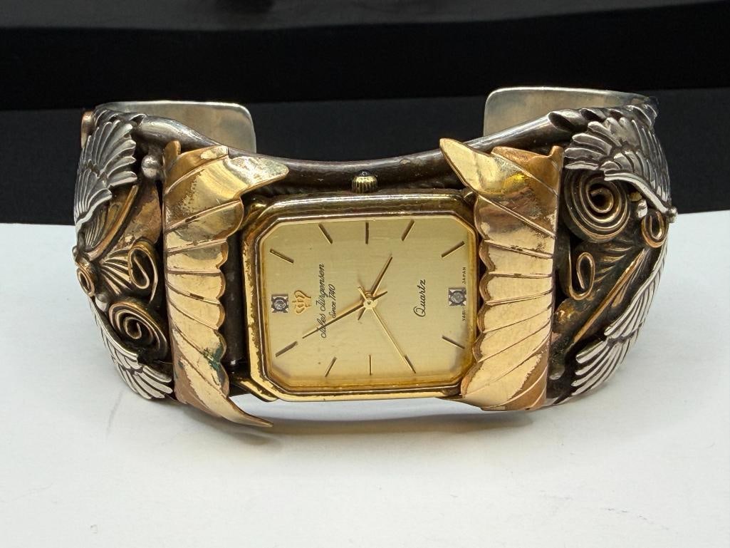 NAVAJO ALLEN CHEE ARTIST SIGNED STERLING SILVER TOOLED SILVER EAGLE, FEATHER, AND SCROLL WATCH CUFF - 2